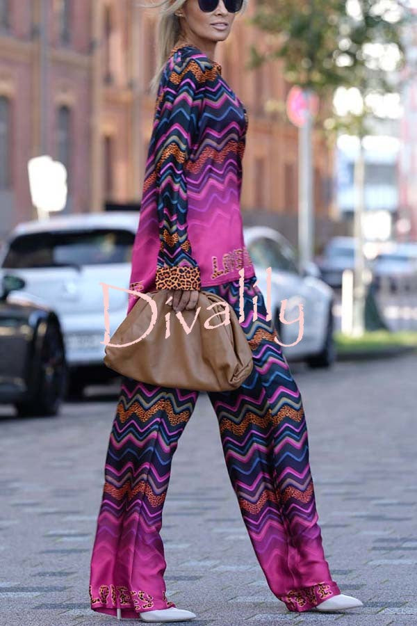 Coreen Leopard Colorful Wave Print Long Sleeve Shirt and Elastic Waist Pocket Pants Set