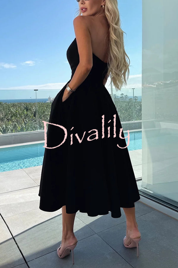 Sweet Cascade Solid Color Off Shoulder Pocket Full Hem Midi Dress