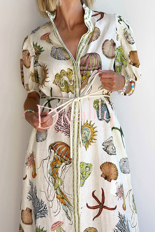 Beach Shell Print Puff Sleeve Tie-Waist Casual Midi Dress