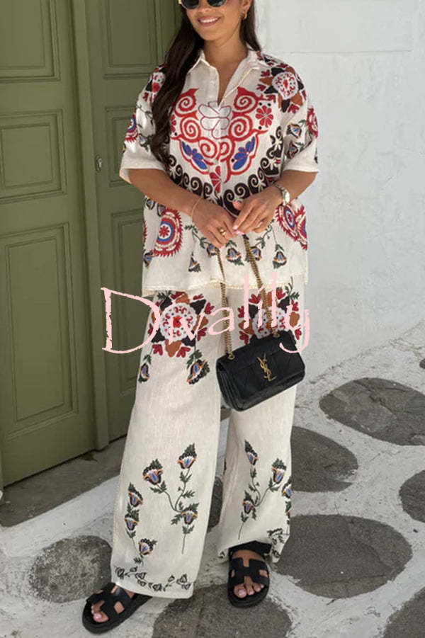 Fiji Ethnic Unique Printed Casual Shirt and Elastic Waist Wide Leg Pants Set