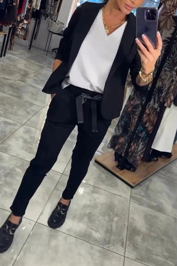 Smart Casual Lapel Blazer and Elastic Waist Tie Pocket Pants Set