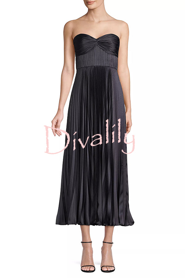 Love Note Satin Sweetheart Twist Off Shoulder Pleated Maxi Dress