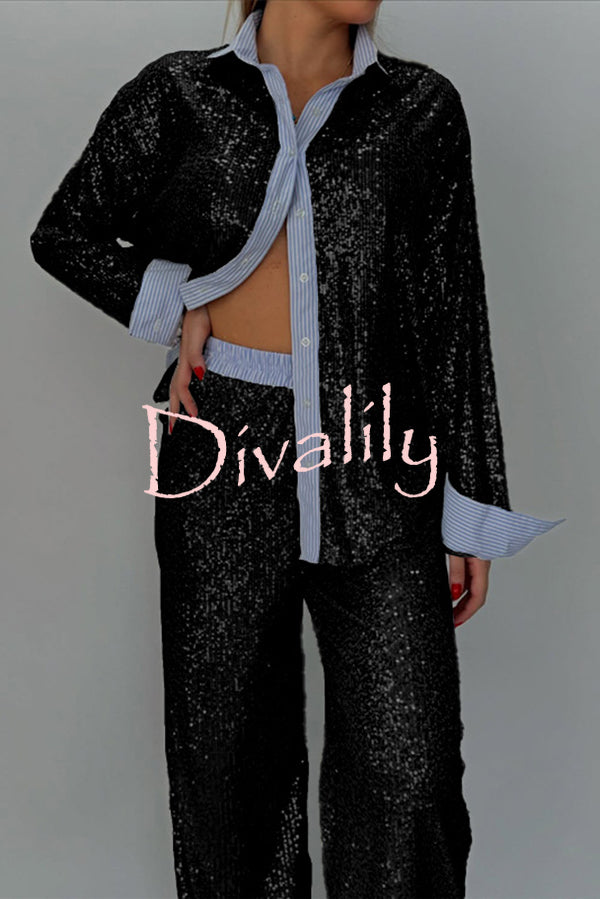 Fashion Sequined Loose Long-sleeved Shirt and Casual Elastic Waist Wide-leg Pants Set