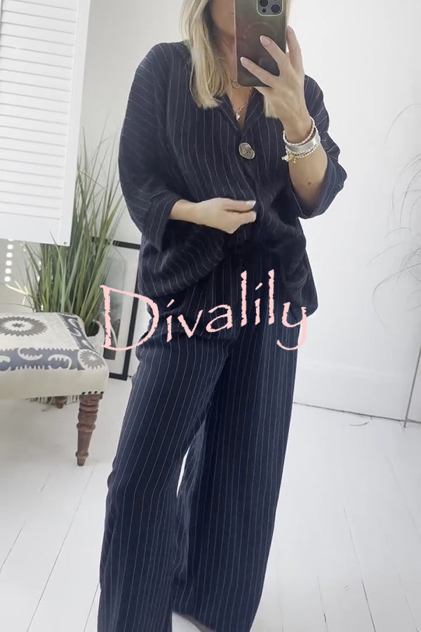 Fashion Striped Print Lapel Loose Top and Elastic Waist Casual Wide-leg Pants Set
