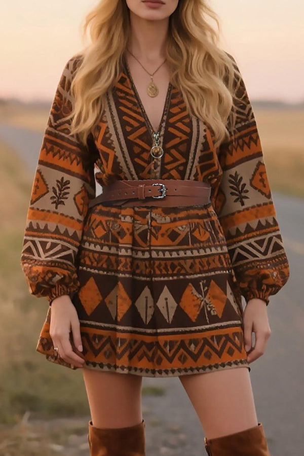 Bohemian Unique Print Long Sleeve Belted Mini Dress