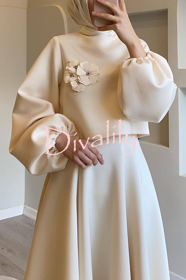 Solid Color Flower-embellished Lantern Sleeve Loose Top and Casual Maxi Skirt Set