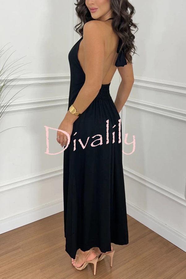 Chasing Sunlight Halter Tassle Backless Slit A-line Maxi Dress