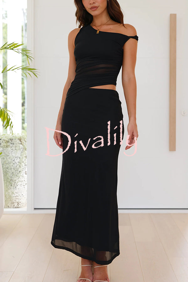 Solid Color Mesh Splicing Waist-baring Slim Maxi Dress