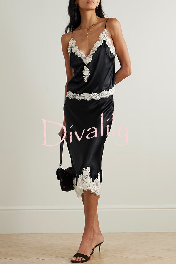 Celebration Look Contrast Color Satin Lace Trim V-Neck Slip Tank
