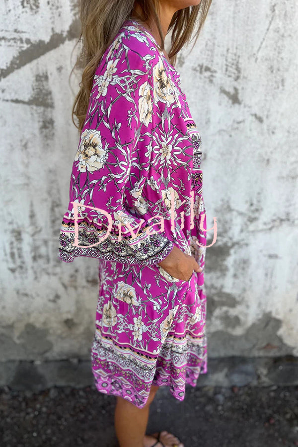 Ethnic Floral Print V-neck Loose Pocket Mini Dress