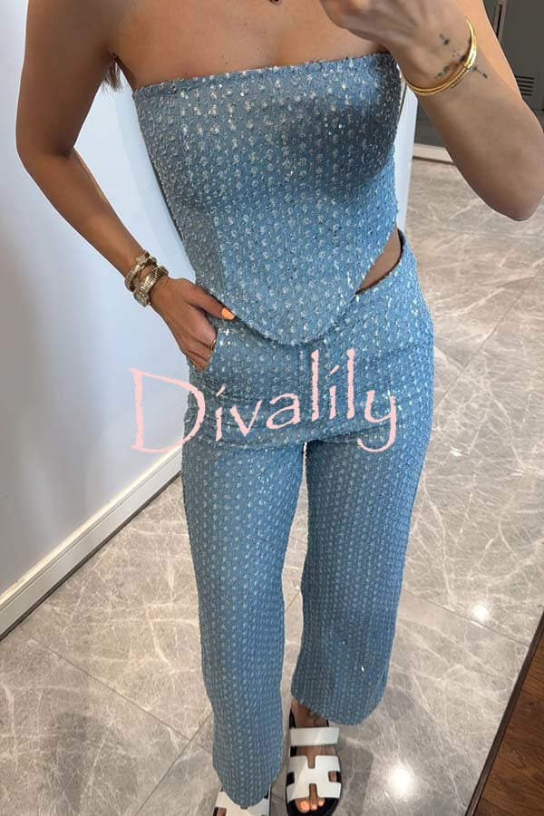 Fashionable Look Denim Sequin Textured High Rise Pocket Straight Jeans