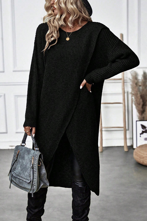 Solid Color Round Neck Long Sleeve Loose Slit Knitted Sweater