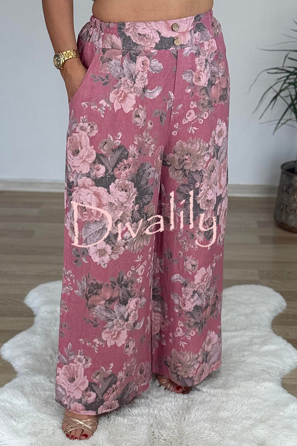 Linen Blend Crew Neck Long Sleeve Irregular Loose Top and Elastic Waist Floral Print Casual Pocket Set