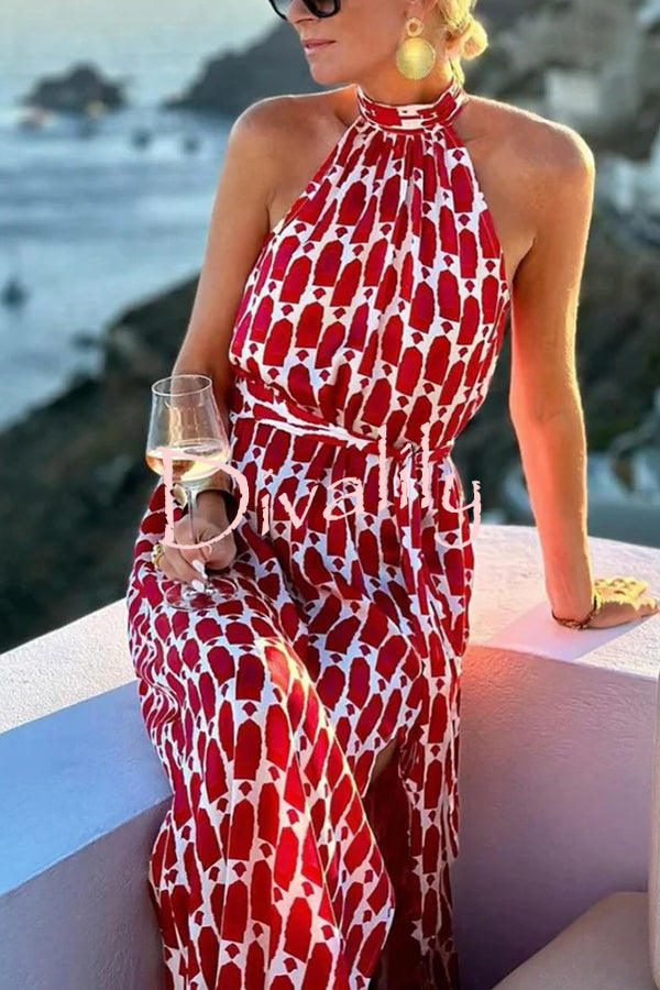 Unique Printed Sleeveless Halterneck Tie-waist Slit Maxi Dress