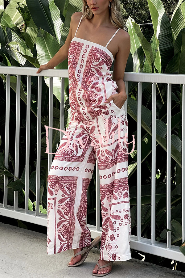 Unique Print Loose Casual Tank Top and Elastic Waist Wide Leg Straight Pants Set