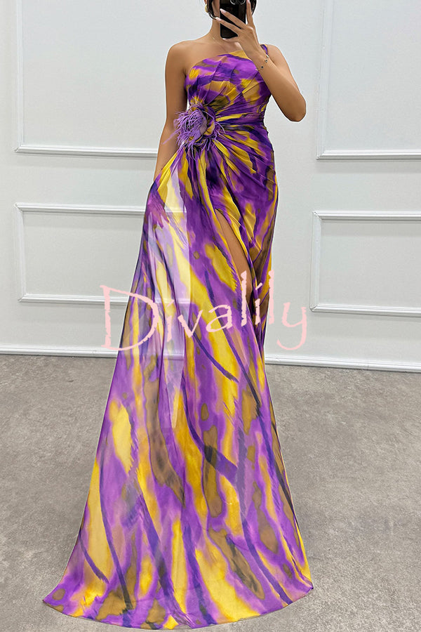 Amazing Views Watercolor Print Feather Rose Detail Off Shoulder Pleated Slit Maxi Dress