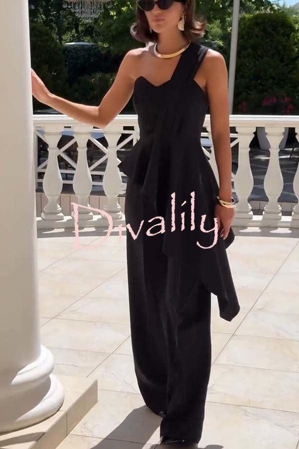 Amena One Shoulder Sweetheart Neck Ruffle Hem Top and Elastic Waist Pocket Wide Leg Pants Set
