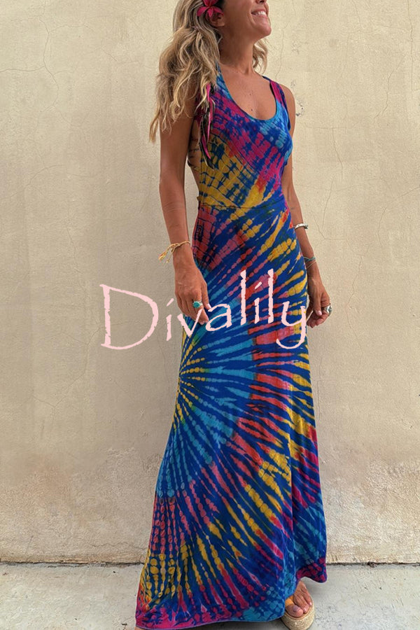 Coastal Crush Tie-dye Print Back Lace-up Stretch Maxi Dress
