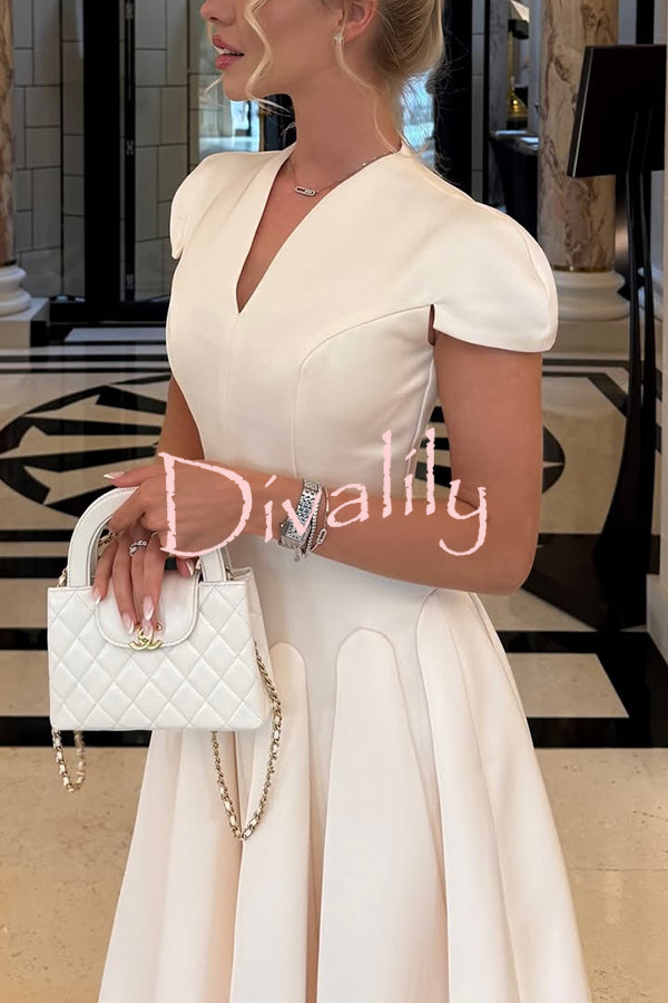 Solid Color V-neck Waist Elegant Full Hem Maxi Dress