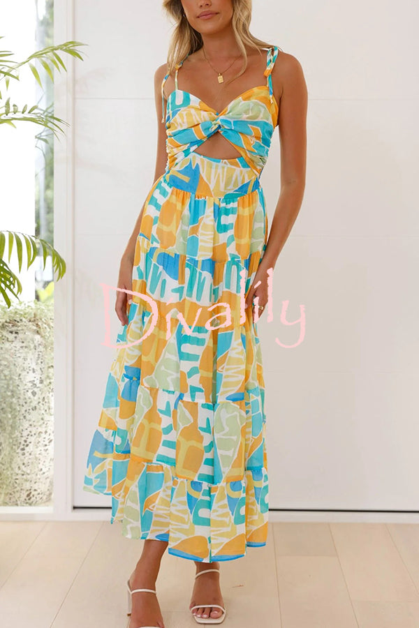 Unique Printed Suspender Tie Back Pleated Midi Dress