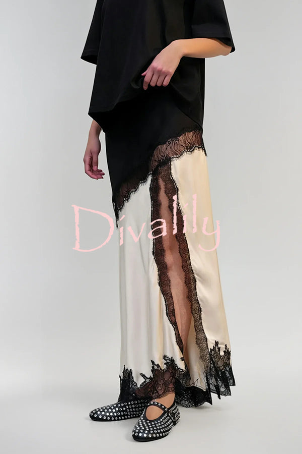 Party Focus Contrast Color Satin Lace Trim Elastic Waist Front Slit Maxi Skirt