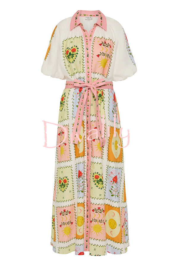 Lily Song Linen Blend Unique Print Short Sleeve Tie-up Shirt Maxi Dress