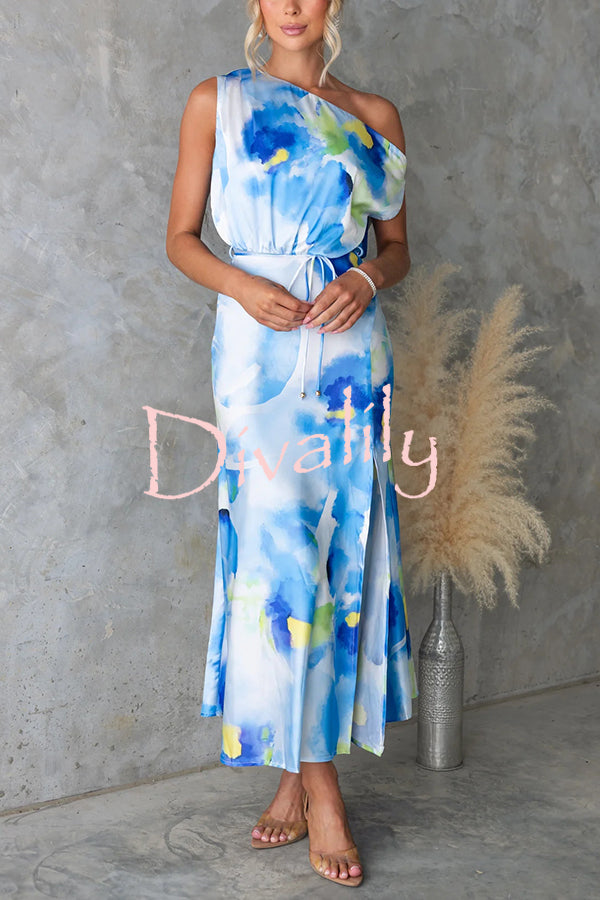 Satin Unique Print One Shoulder Tie Waist Slit Maxi Dress