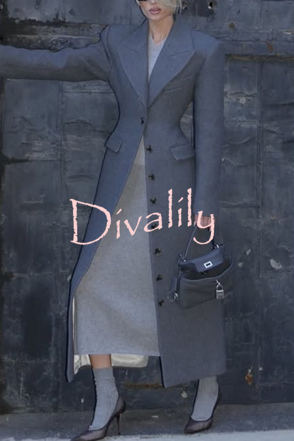 Elegant Lapel Long Sleeve Button High Waist Long Coat