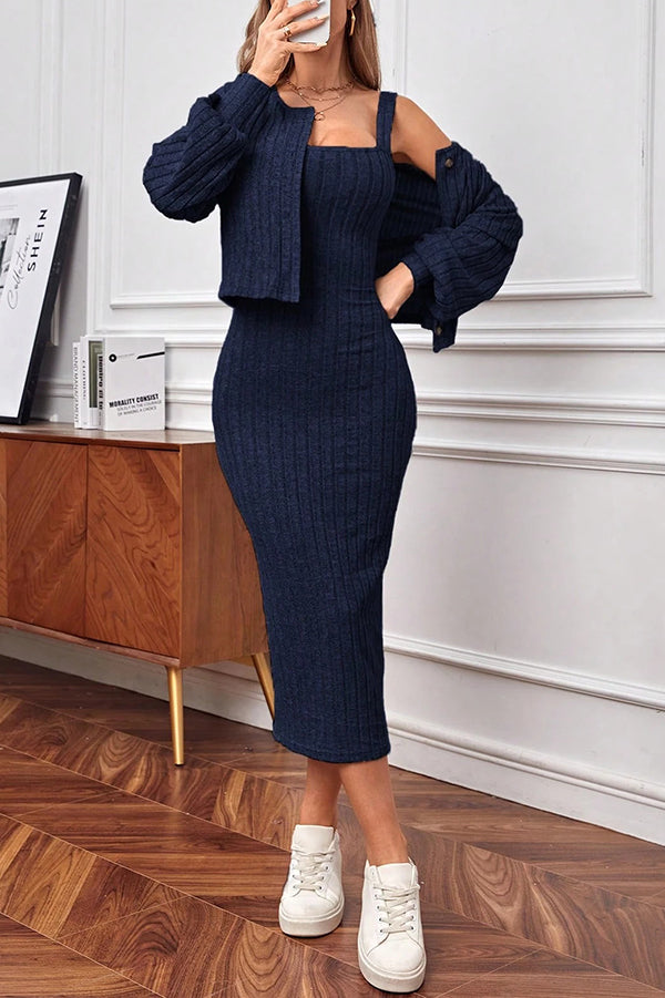 Solid Color Round Neck Long Sleeve Casual Cardigan and Suspender Slim Midi Dress Set