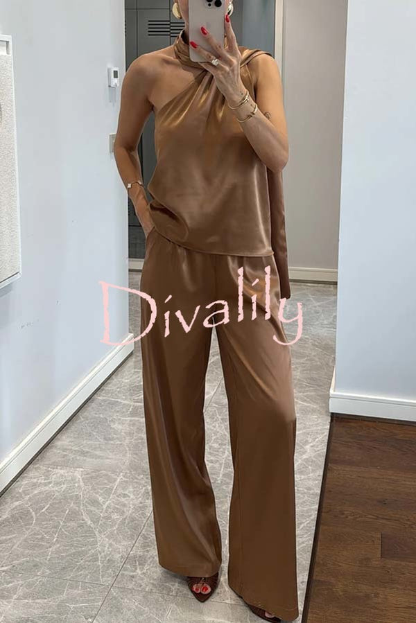 Kelson Satin Drape Neck One Shoulder Top and Elastic Waist Pocket Loose Pants Set