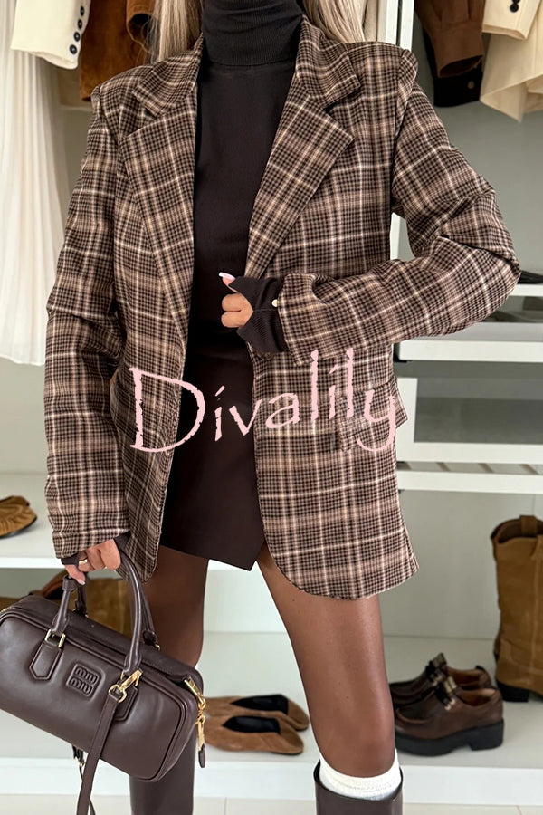 Classic Modern Plaid One Button Long Sleeve Flap Pocket Lapel Blazer