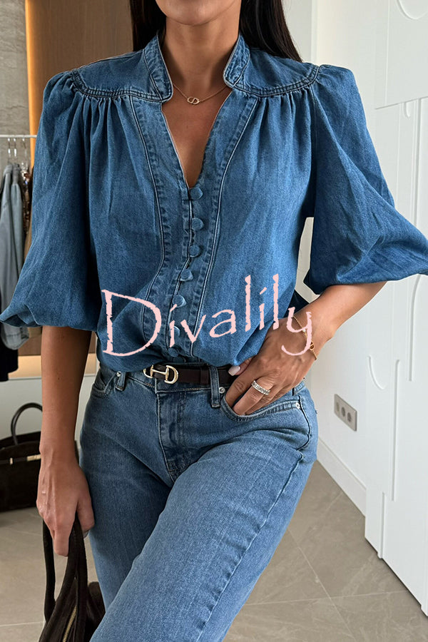 Fashion V-neck Button-down Lantern Sleeve Casual Denim Shirt