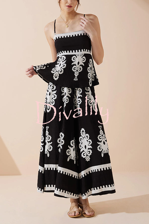 Unique Ethnic Print Suspender Pleated Top and Elastic Waist Loose Wide-leg Pants Set