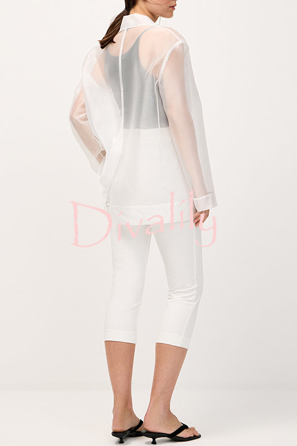 Simple and Light See-through Fabric Tie-up Long Sleeve Pocket Lapel Blazer