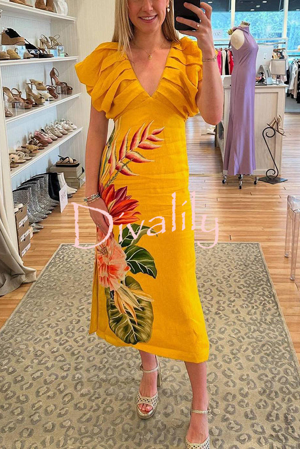 Plant Print V-neck Open Back Holiday Style Slit Midi Dress