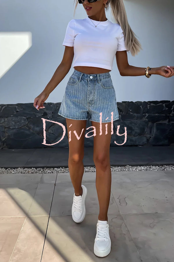 Fashion Rhinestone Loose Pocket Denim Shorts