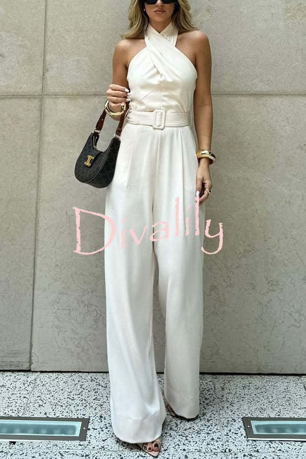 Solid Color Halterneck Sleeveless Waisted Casual Pocket Straight Jumpsuit