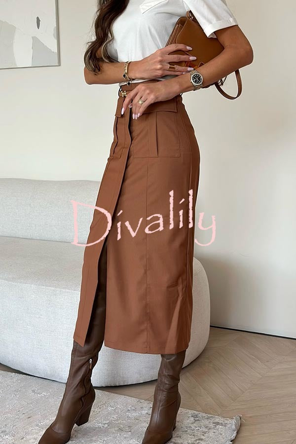 Zayna High Rise Pocketed Front Slit Cargo Midi Skirt