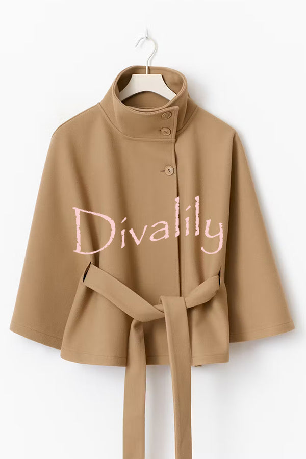 Fashionable Stand Collar Button Waist Tie Loose Cape