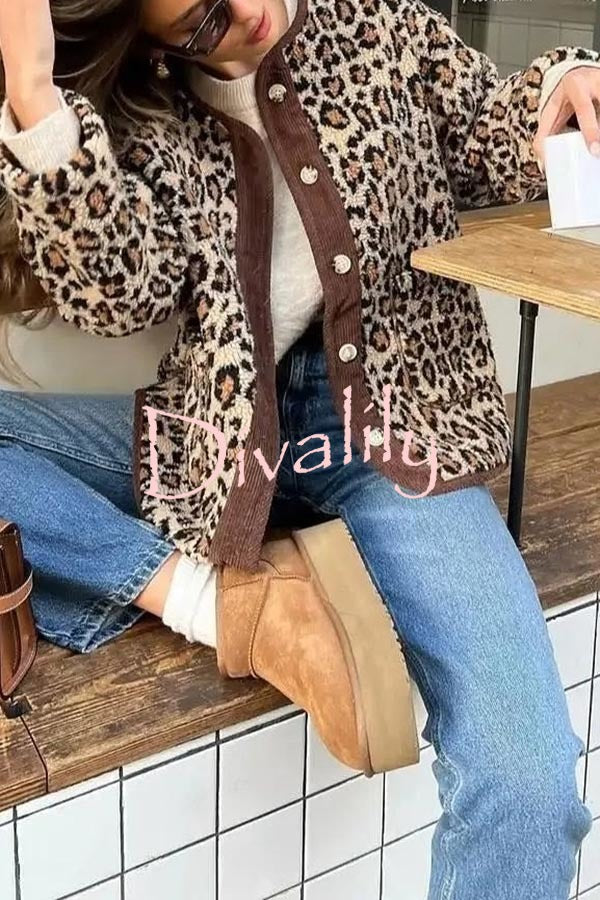 Warm Feel Colorblock Leopard Print Plush Button Up Pocketed Teddy Jacket