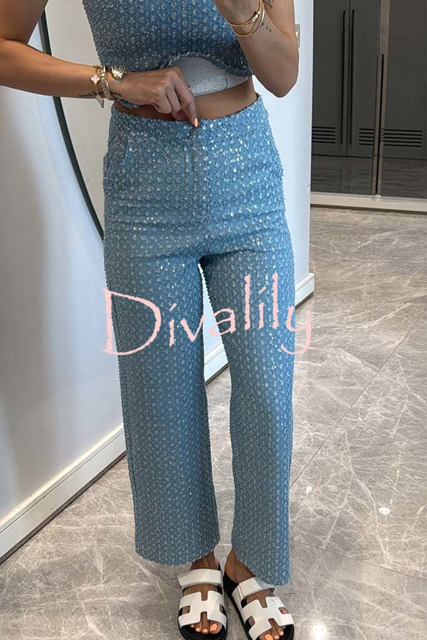Fashionable Look Denim Sequin Textured High Rise Pocket Straight Jeans