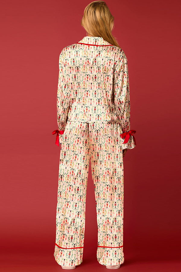 Christmas Printed Velvet Lace-up Long-sleeve Pocket Top and Elastic Waist Wide-leg Pants Set