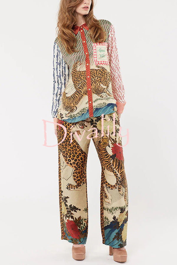 Tropical Jungle Tiger Unique Print Long Sleeve Loose Shirt and Elastic Waist Pants Set