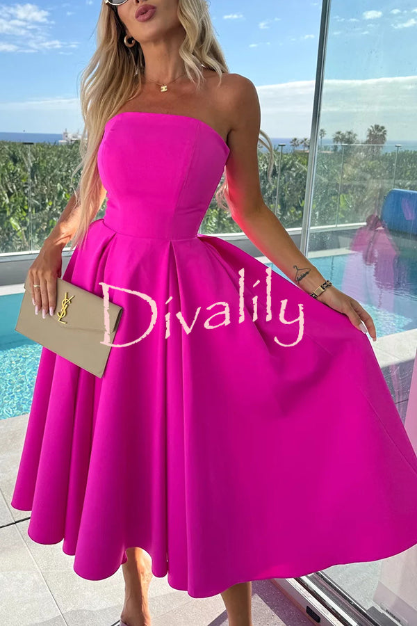 Sweet Cascade Solid Color Off Shoulder Pocket Full Hem Midi Dress
