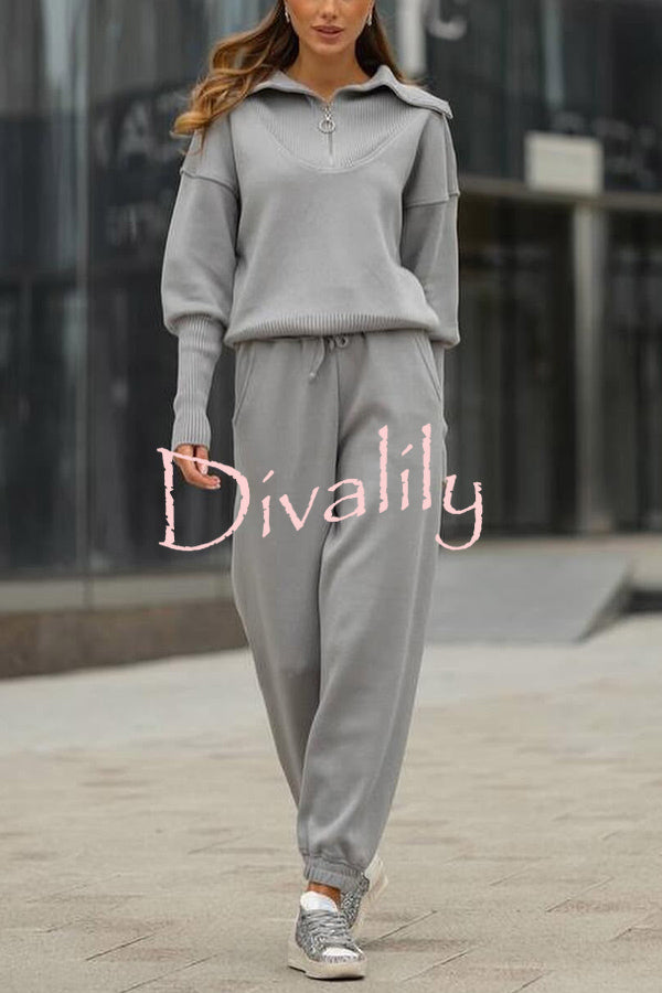 Solid Color Long-sleeved Zip-up Sweatshirt and Elastic Waist Loose Pocket Pants Set