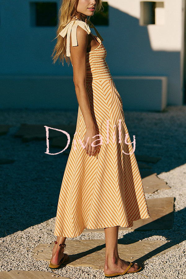 Striped Print V-Neck Lace-Up Backless Holiday Midi Dress