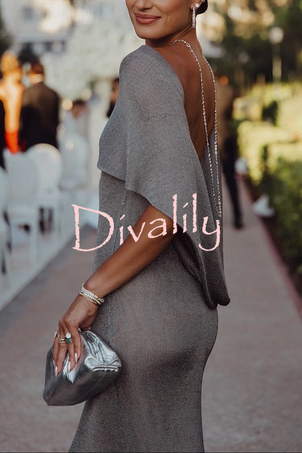 Fit and Elegance Fine Shimmering Fabric Open Cowl Back Draped Neckline Maxi Dress