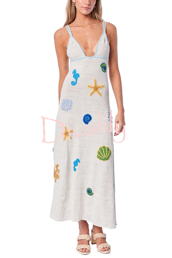 Beach Shell Printed Sling Vacation Style Loose Maxi Dress