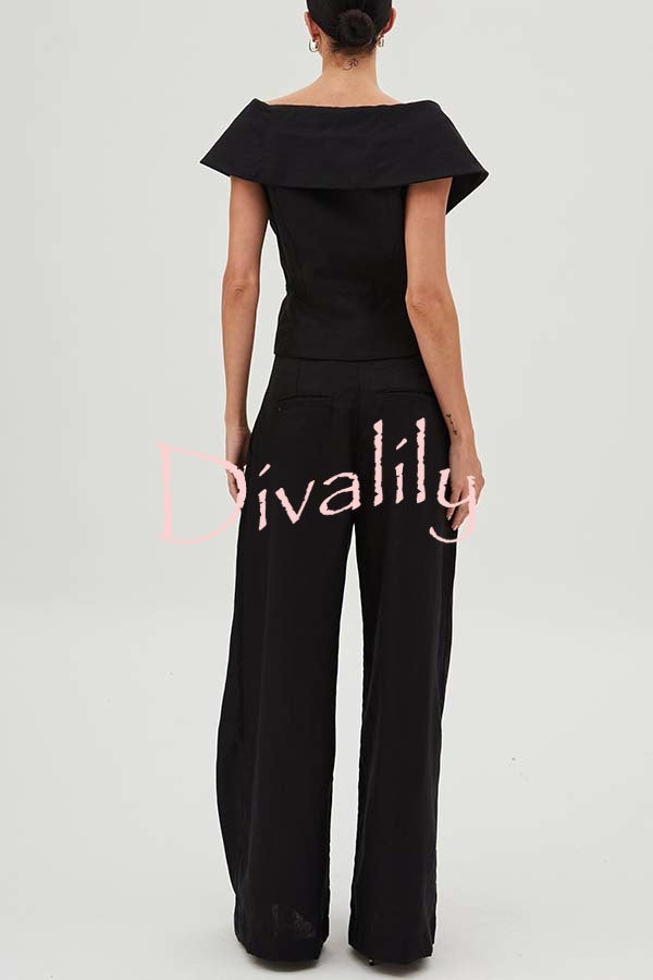 Velena Linen Blend Button Up Lapel Top and High Rise Pocket Wide Leg Pants Set
