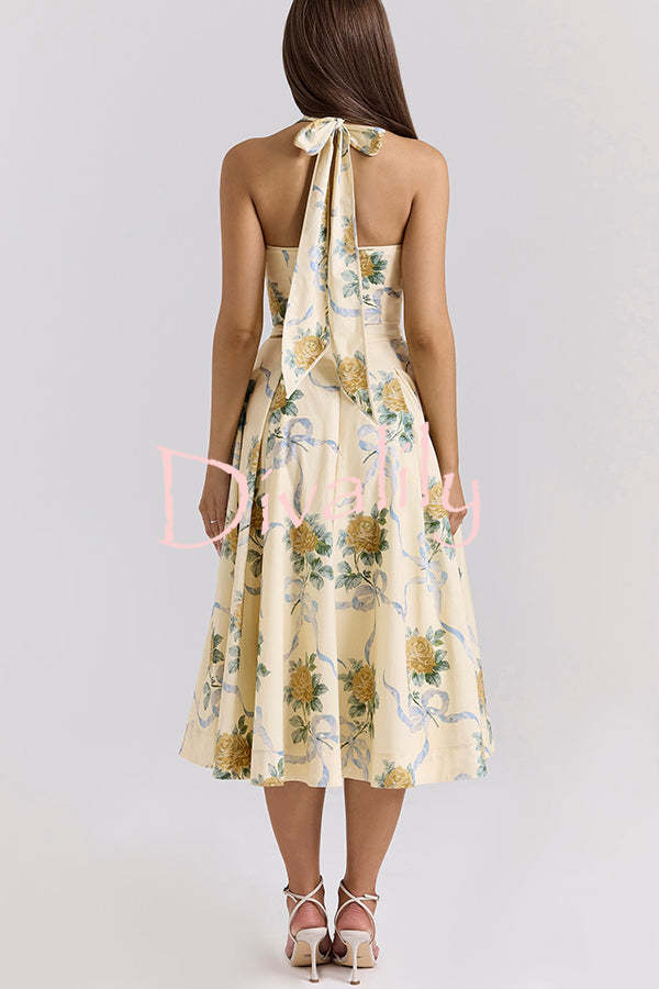 Resort Star Floral Print Waist Halterneck Tie Pocket Midi Dress